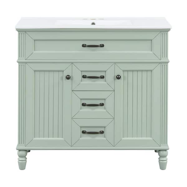 36 in. Freestanding Green Bath Vanity with White Ceramic Top 3 Drawers and Adjustable Shelf