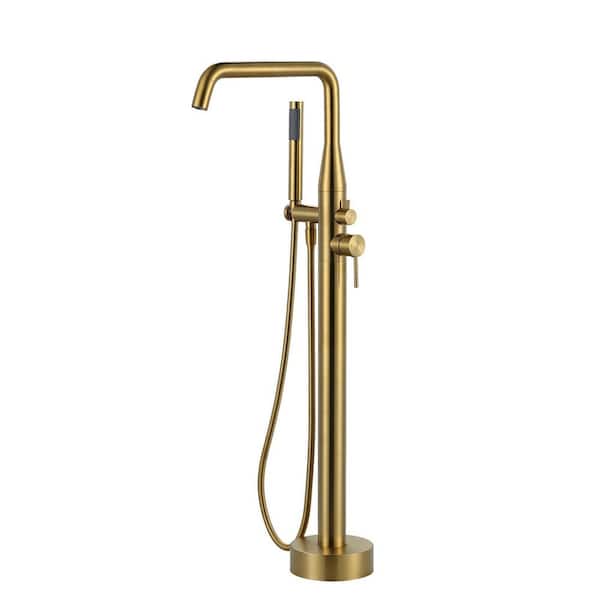 Double Handle Floor Mounted Freestanding Tub Faucet with Handheld Shower in Brushed Gold