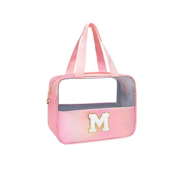 Pink Clear Makeup Bag, Large Cosmetic Organizer with Golden Glitter Patch, Travel Toiletry Bag for Women and Girls