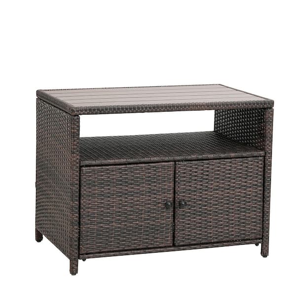 35.5 in. W x 21 in. D x 33.75 in. H Weatherproof Rattan Outdoor Storage Cabinet with 2 Doors and Shelves, Brown