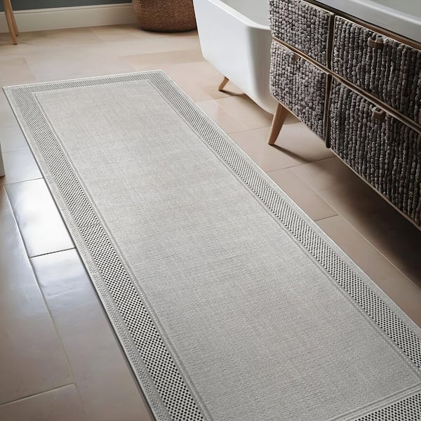 Coastal Beige 2 ft. x 7 ft. Bordered Washable Easy Jute Modern Indoor Outdoor Area Rug