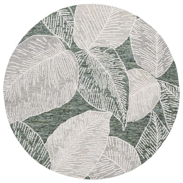 Jardin 6 ft. x 6 ft. Round Green/Ivory High-Low Oversized Leaves Area Rug