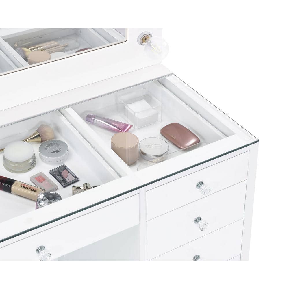White Glass Top Vanity Desk with LED Mirror and 7 Drawers