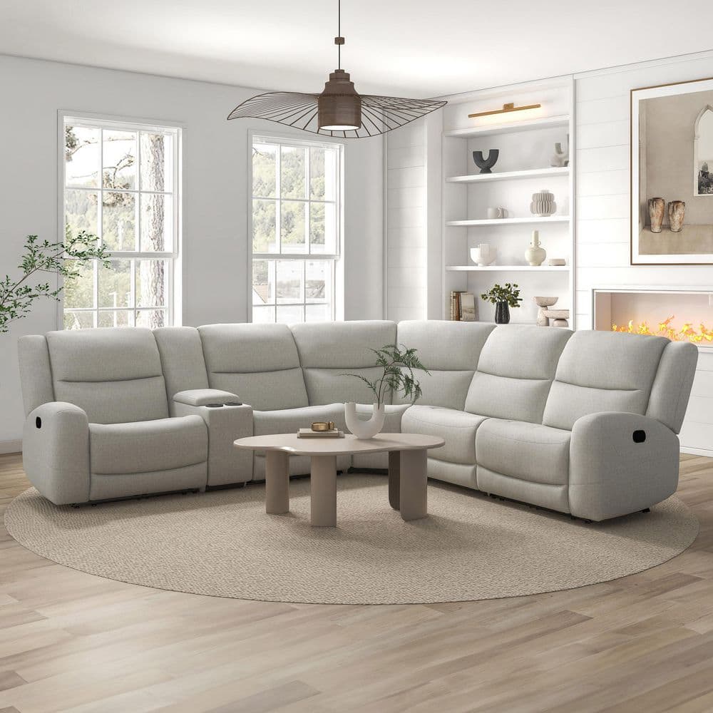 Kosta 128 in. Contour Round Arm Fabric Rectangle Manual Reclining Sectional Sofa with Console in Beige price history on PriceWatchPro