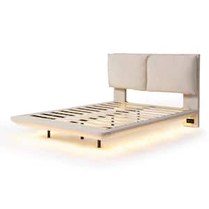 Floating Beige Wood Frame Full Size Velvet Upholstered Platform Bed with Sensor Light, 2-Plump Backrests, USB Ports