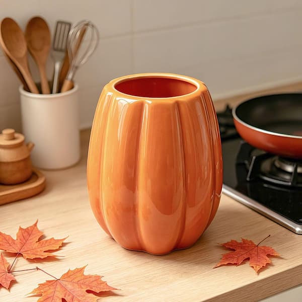 Orange Ceramic Pumpkin Utensil Holder with Large Storage Capacity for Countertop Fall Autumn Indoor Kitchen Decor