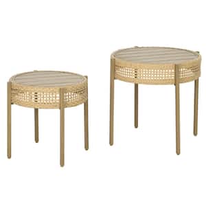 23.2 in. Diameter x 21.7 in. H 2-Piece Brown Wicker Round End Table Outdoor Coffee Table Set Slatted Metal Top for Lawn