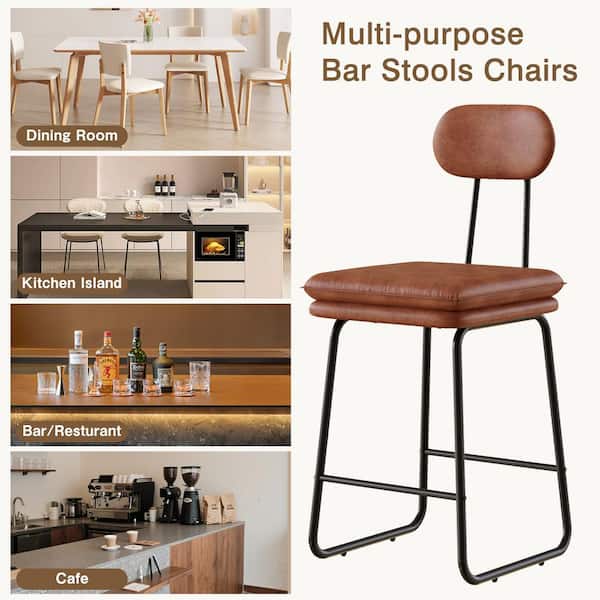 Counter Height Dining Chairs Set of 2 w/ Upholstered Seats and Metal Frame, Brown Kitchen Island Dining Chairs w/ Back