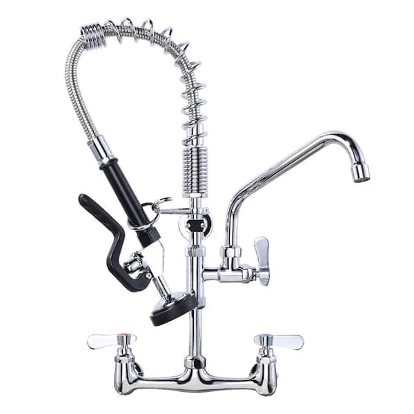 IVIGA 21 in. H Commercial Wall Mount Triple Handle Pull Down Sprayer Kitchen Faucet with Pre-Rinse Sprayer in Polished Chrome