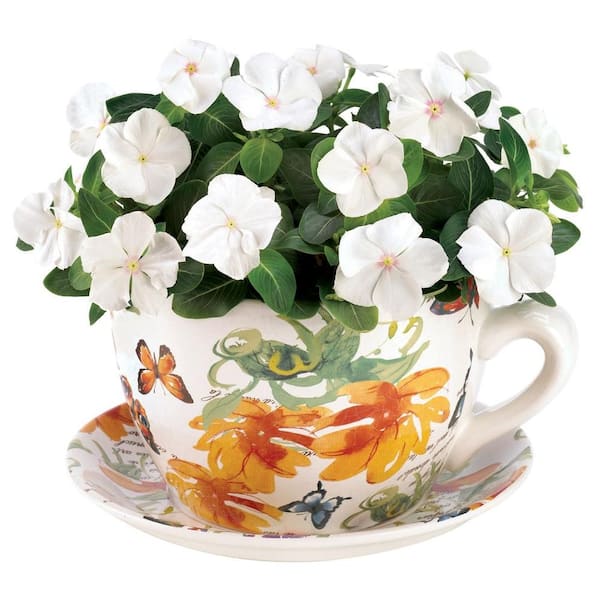 Malibu Creations 9-1/4 in. x 7-1/2 in. White with Yellow Flowers Dolomite Teacup Butterfly Planter