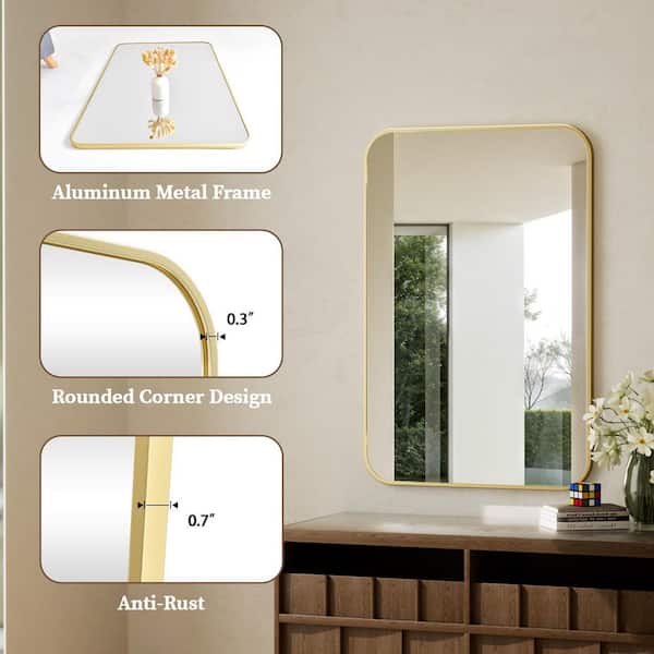 Gold 24 in. W x 36 in. H Rectangular Bathroom Mirror with Rounded Corners Wall Metal Framed Mirror