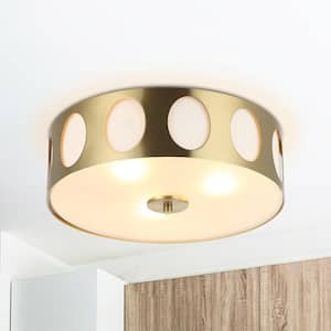 13.8 in. 3-Light Modern Gold Drum Flush Mount Ceiling Light with Glass Shade for Kitchen or Bedroom
