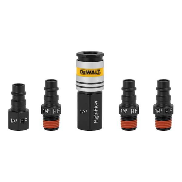 DEWALT 1/4 in. NPT High Flow Coupler and Plugs, Includes: 3-Male Plugs, 1-Female Plug, and 1-Female Coupler