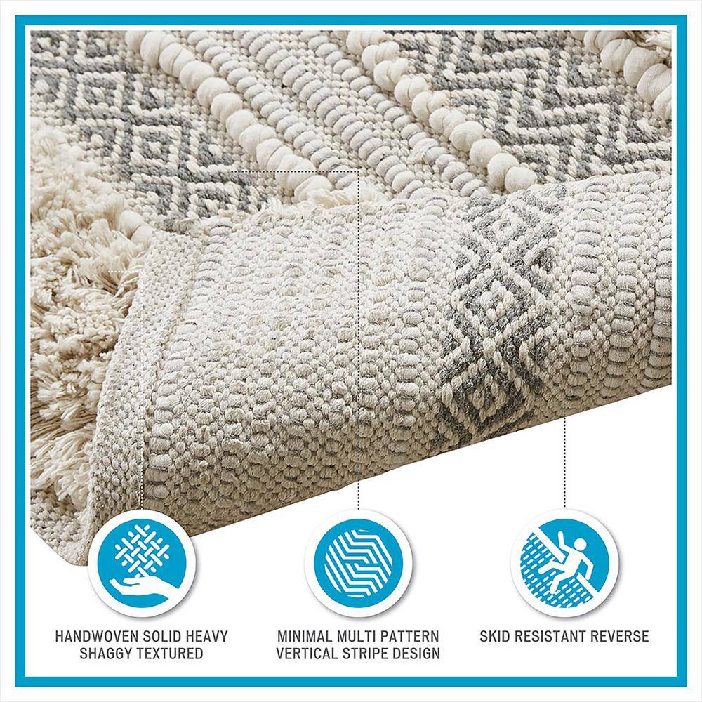 Nordic Shaggy Grey and Beige Patterned Bathroom Rug