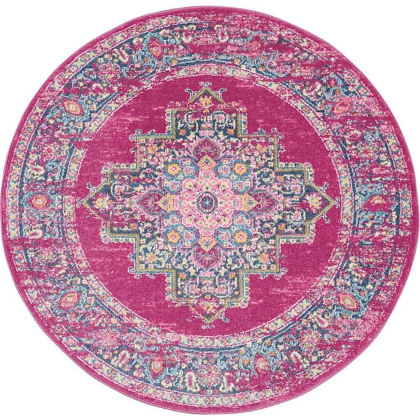 Nourison Passion Fuchsia 4 ft. x 4 ft. Bordered Transitional Round Rug