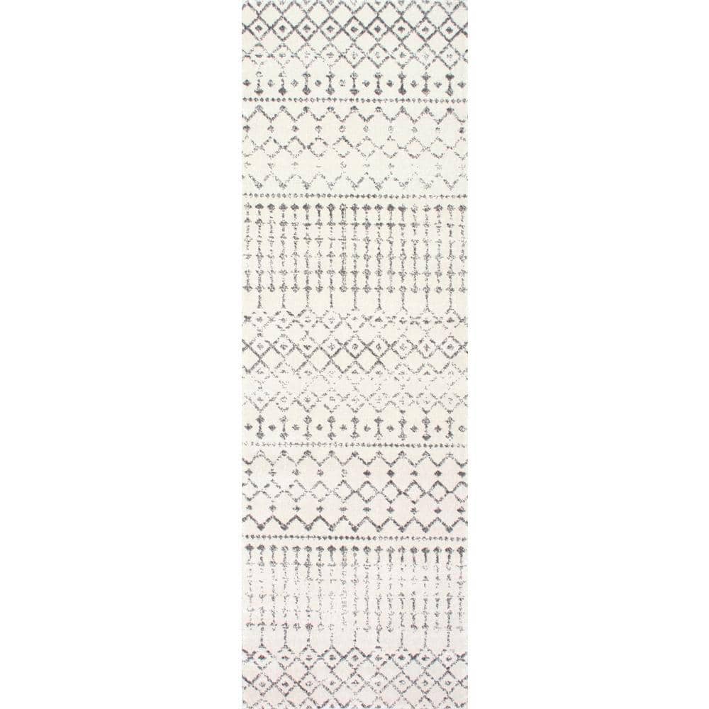 Gray Geometric Synthetic Non-slip Runner Rug, 34" x 11"