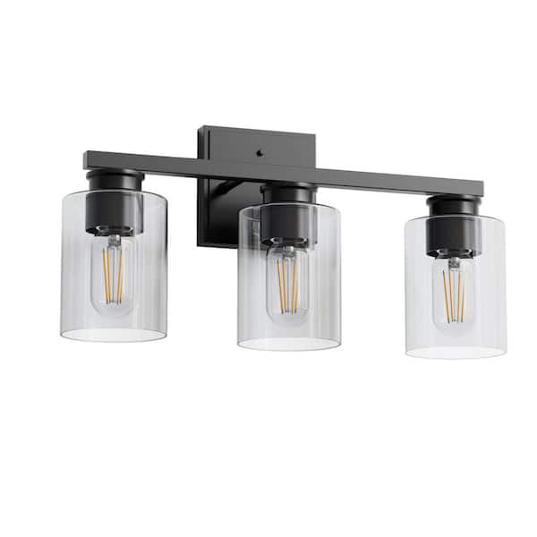 18 in. 3-Light Black Vanity Light with Cylinder Clear Glass Shades for Powder Room or Dressing Room