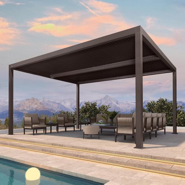 PURPLE LEAF 12 ft. x 16 ft. Bronze Aluminum Frame Outdoor Patio Louvered Pergola Gazebo with Adjustable Sunshade Rainproof Roof