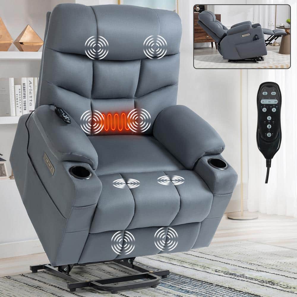 J&E Home Gray Fabric Motor Power Lift Massage Recliner Chair with ...
