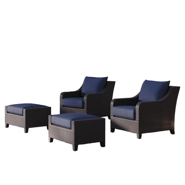 Benjara Kyl 4-Piece Aluminum Wicker Patio Outdoor Lounge Chair Set of 2 with Ottoman with Blue Cushions