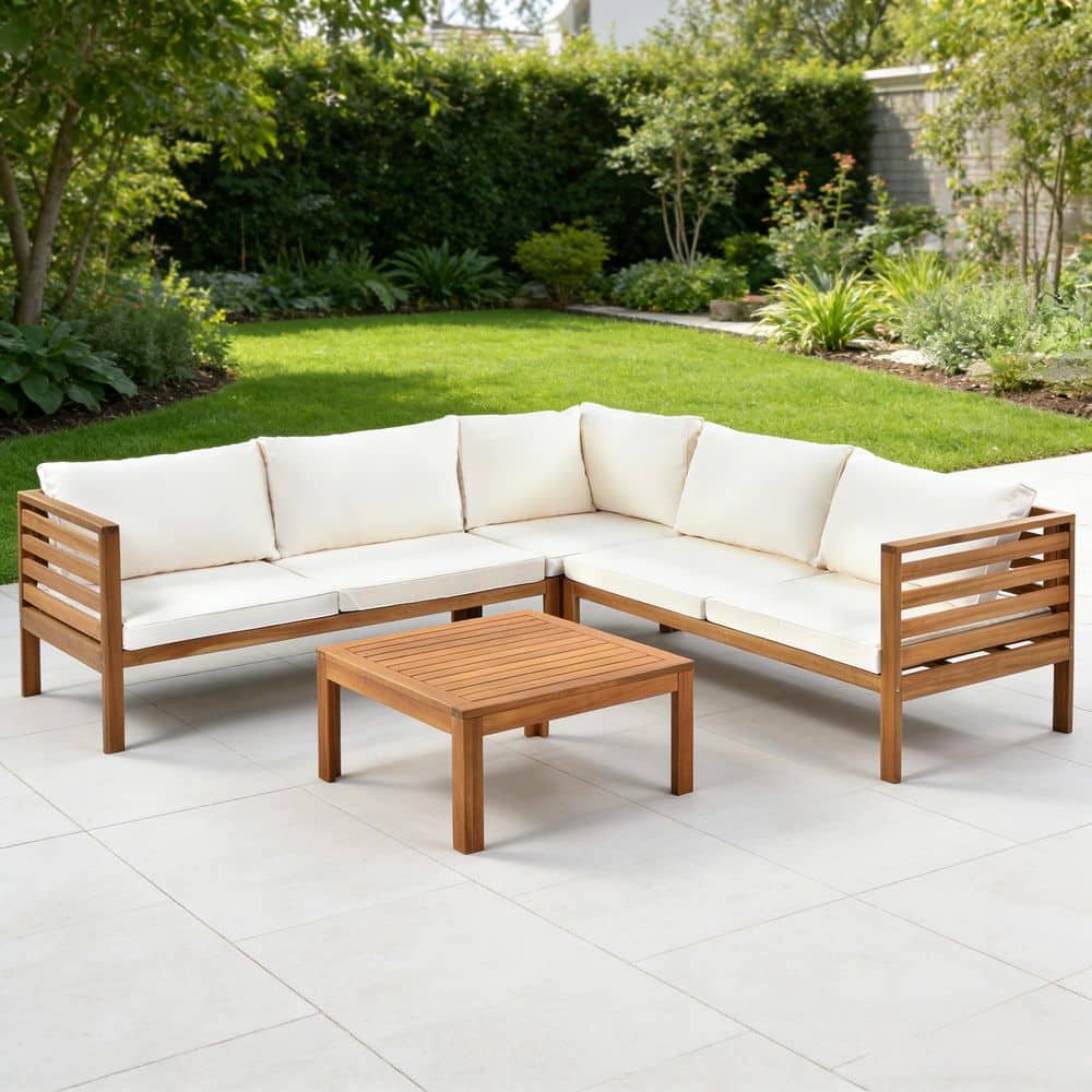 Brown Wood Patio Conversation Set with Beige Cushions Water-resistant and UV Protected Set for 4 Person for Backyard price history on PriceWatchPro