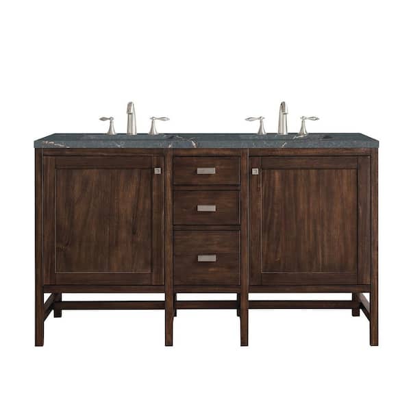 James Martin Vanities Addison 60.0 in. W x 23.5 in. D x 35.5 in. H Double Bathroom Vanity in Mid-Century Acacia with Parisien Bleu Top