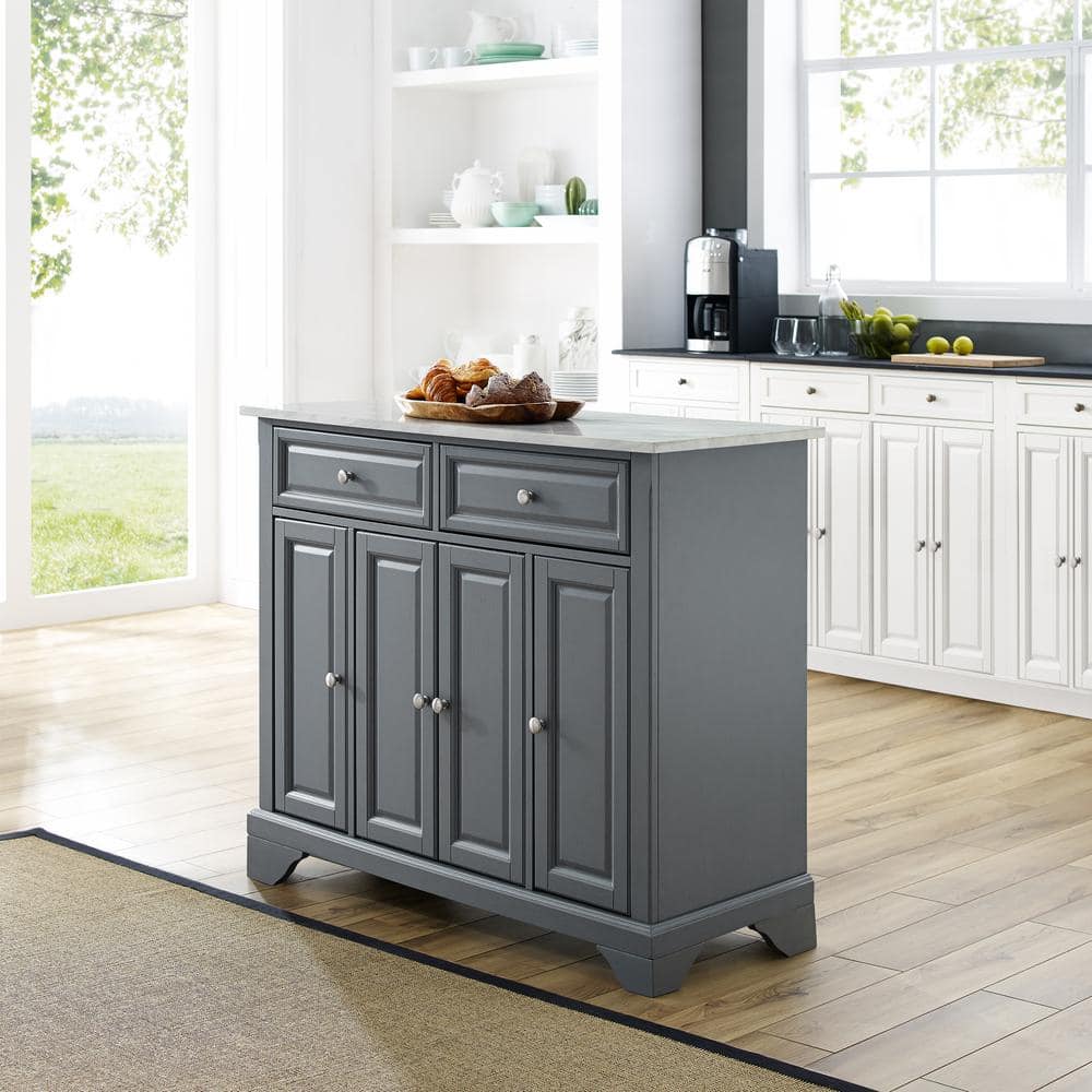 Avery Distressed Gray Solid Hardwood Kitchen Island with Faux Marble Top