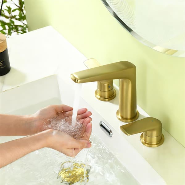 8 in. Widespread Deck Mount 1.2 GPM Double Handle Bathroom Sink Faucet with Supply Line in Brushed Gold