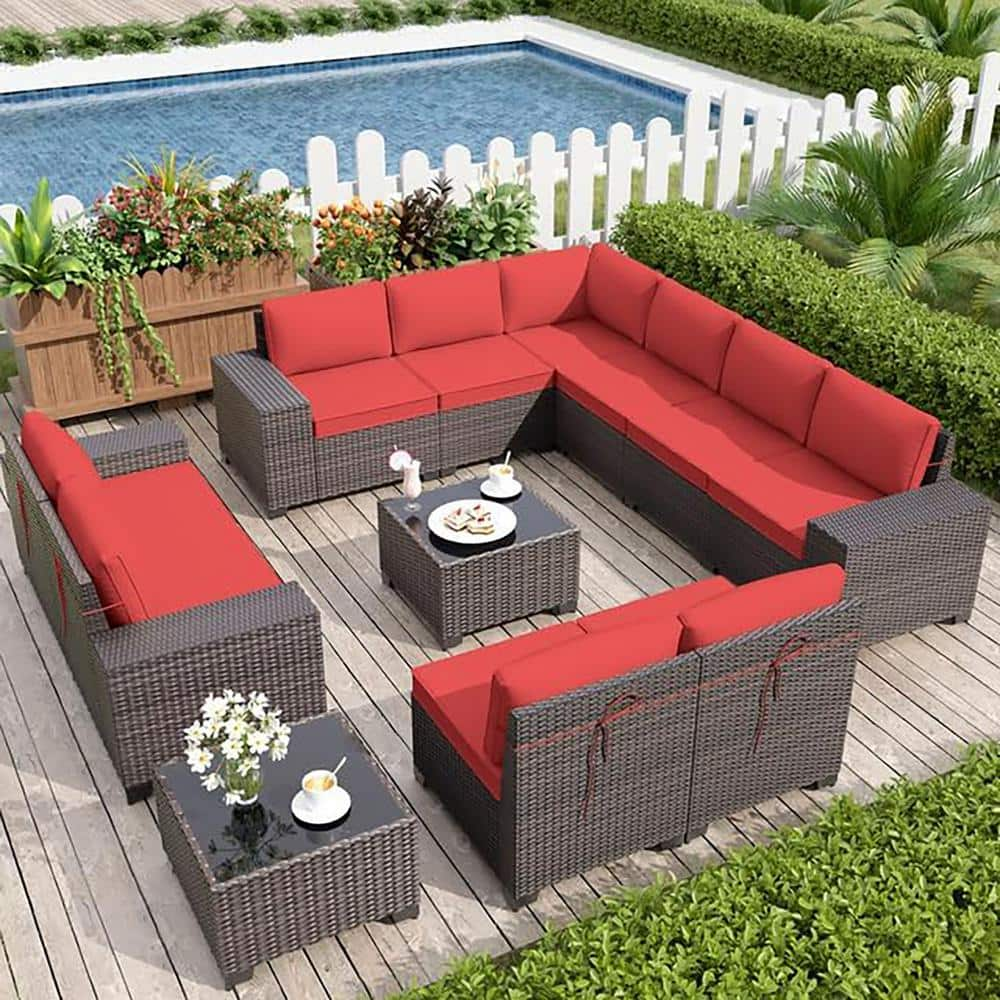 Halmuz 12-Piece Wicker Outdoor Sectional Set with Cushion Red (6+6)-Red ...