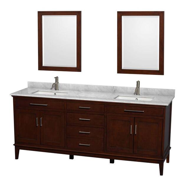 Wyndham Collection Hatton 80 in. Double Vanity in Dark Chestnut with Marble Vanity Top in Carrara White, Square Sink and Mirrors
