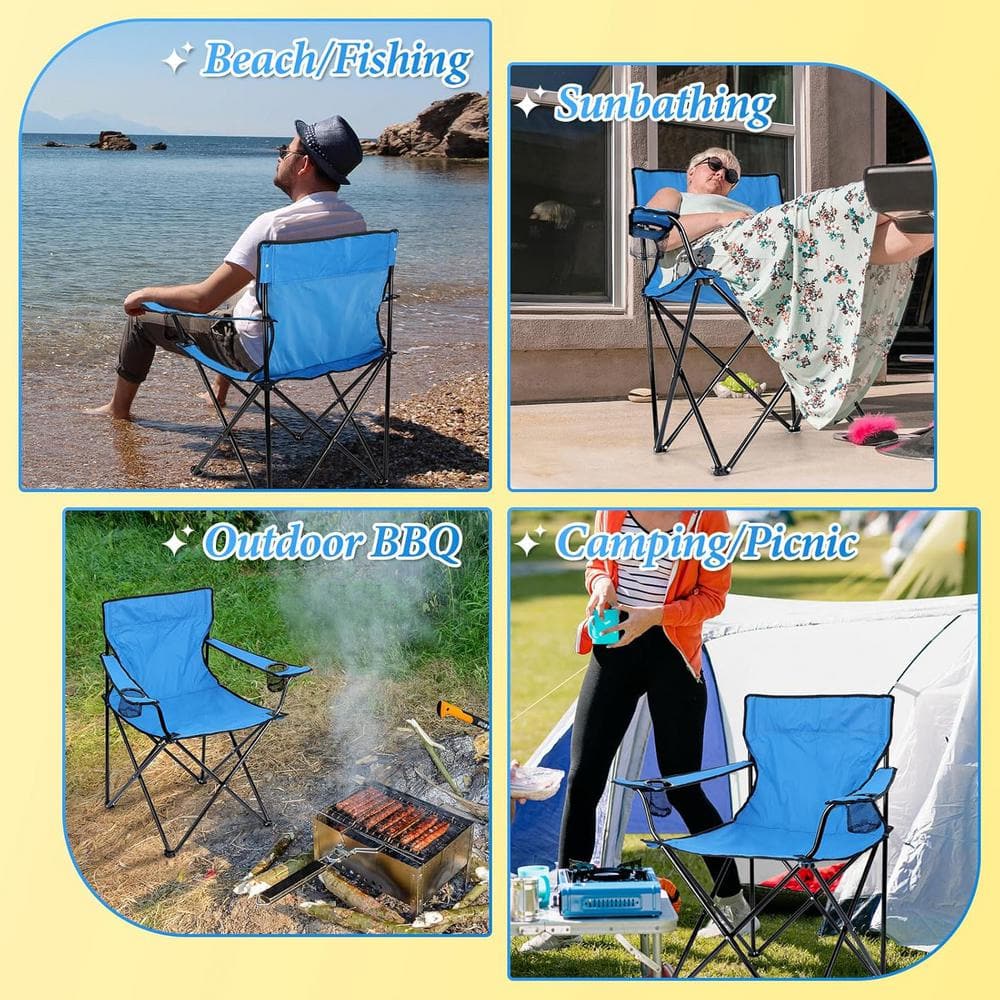 Blue Steel Frame Folding Camping Chair with Cup Holder and Storage Bag