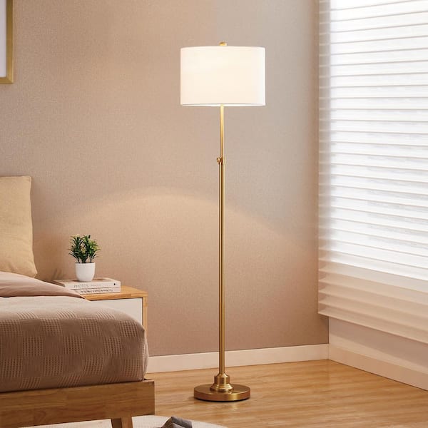 63.5 in. Antique Brass Adjustable Standard Floor Lamp with White Linen Shade