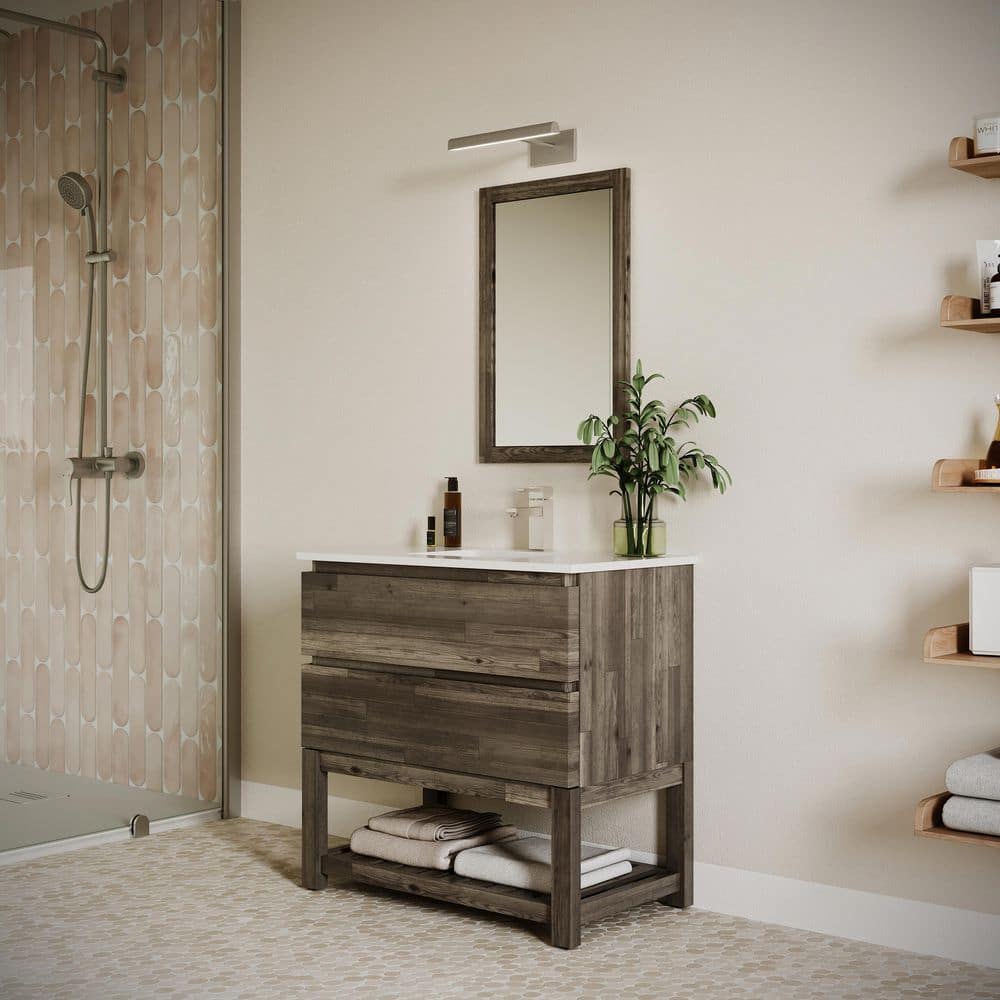 Elegant Acacia Wood 36" Vanity with Quartz Top and Open Shelf