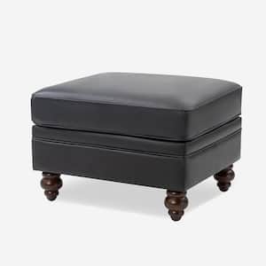 Hilario 26.5 in. Wide Mid-Century Modern Style Black Genuine Leather Ottoman with Wood Legs