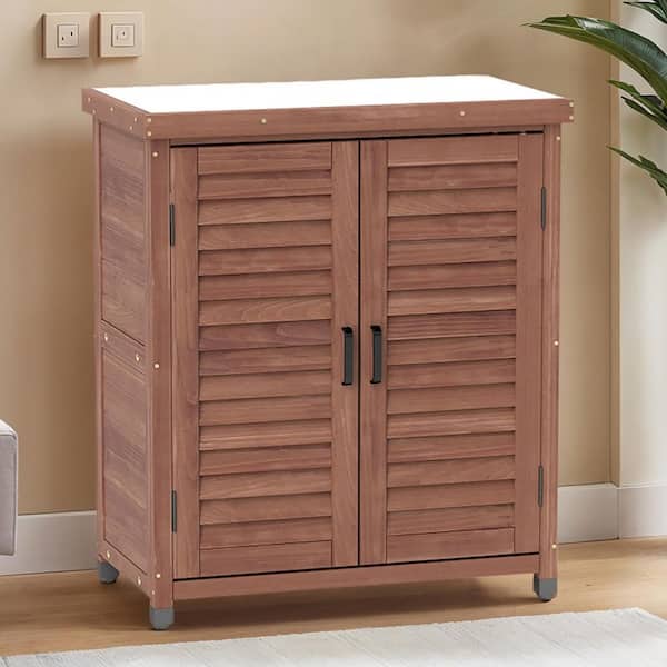 Brown Potting Bench Table with Storage Cabinet and Metal Table Top