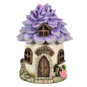 Solar Hand Painted Fairy House, Welcome Sign and Purple Succulent Petal Roof, 7 by 9 in. Garden Statue