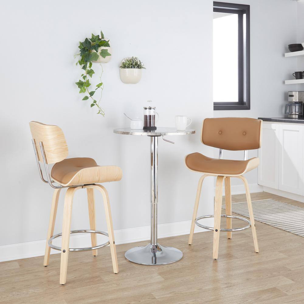Camel Faux Leather and Natural Wood Swivel Counter Stools