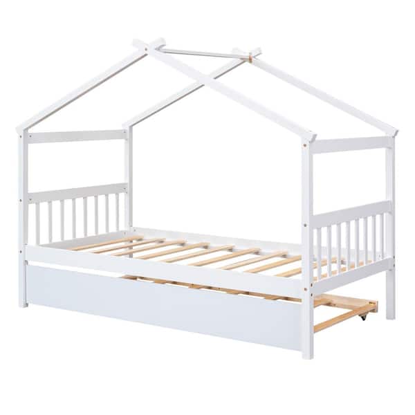 URTR House-Shaped White Twin Bed with Trundle Wooden Twin House Bed for ...