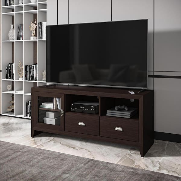 TECHNI MOBILI 55 in. Wenge Composite TV Stand with 2 Drawer Fits TVs Up to 60 in. with Storage Doors