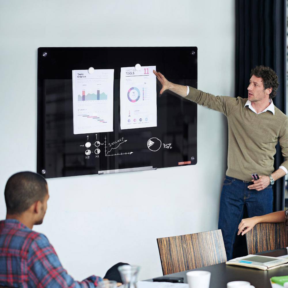 Black Frameless Magnetic Glass Whiteboard 36" x 24"