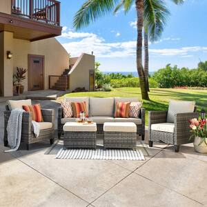 New Vultros Gray 5-Piece Wicker Outdoor Patio Conversation Seating Set with Beige Cushions