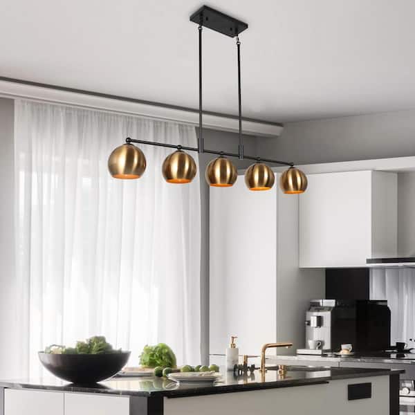 38.5 in. 5-Light Mid-Century Modern Black Pendant Light for Kitchen Island, Brass-Plated Globe Shade Linear Chandelier