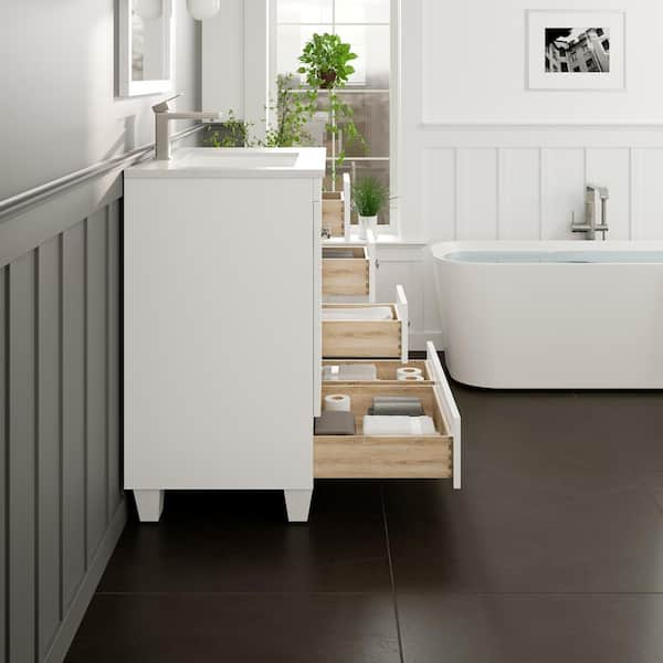 Happy 30 in. Single Sink White Bath Vanity with White Carrara Quartz Top (Assembled)