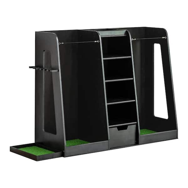 Unbranded Black Wooden Golf Bag Organizer and Storage Rack, 2 Golf Bag Rack with Drawers, Golf Club Holder/Stand with Club Holders