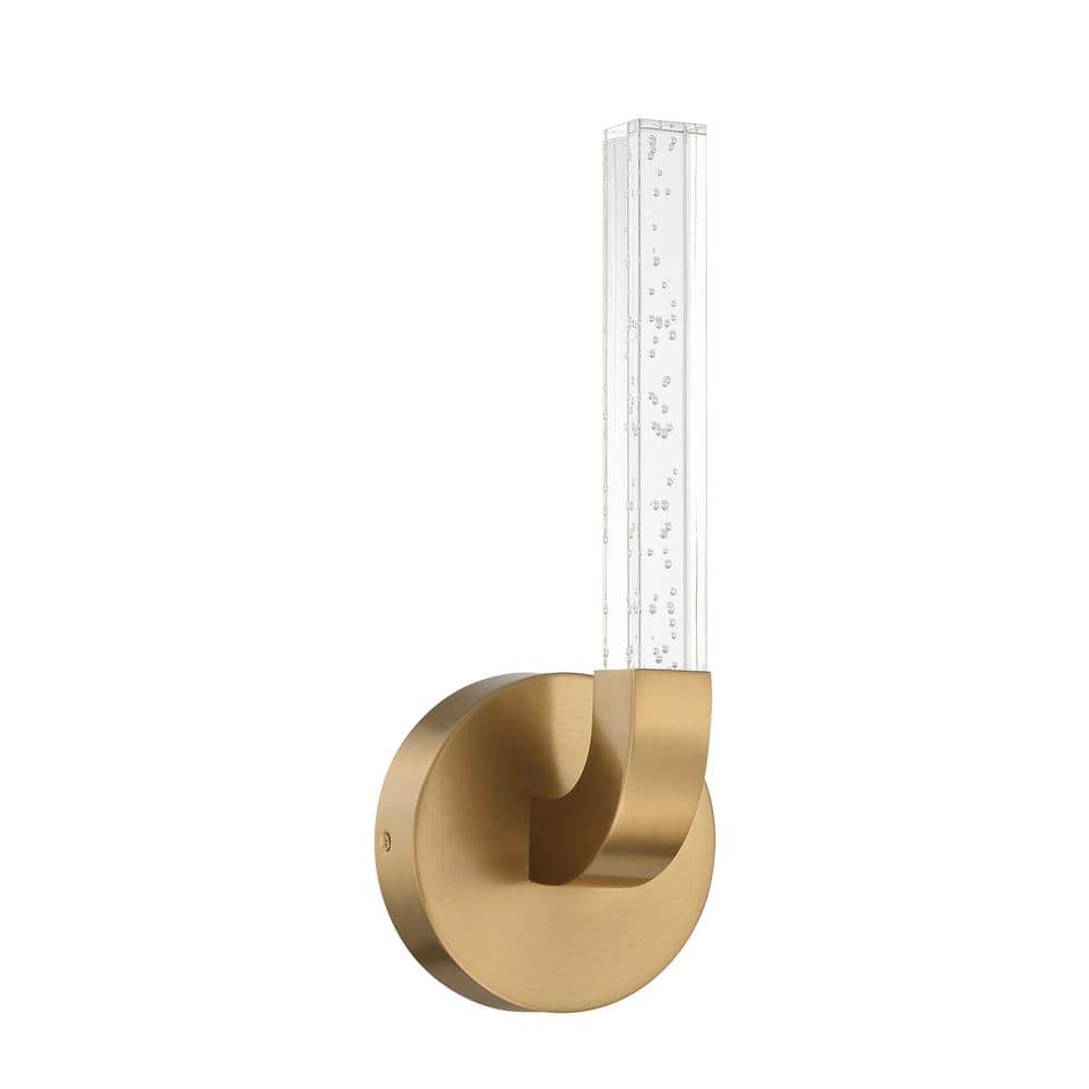 Warm Brass Dimmable LED Wall Sconce with Clear Seeded Acrylic Shade