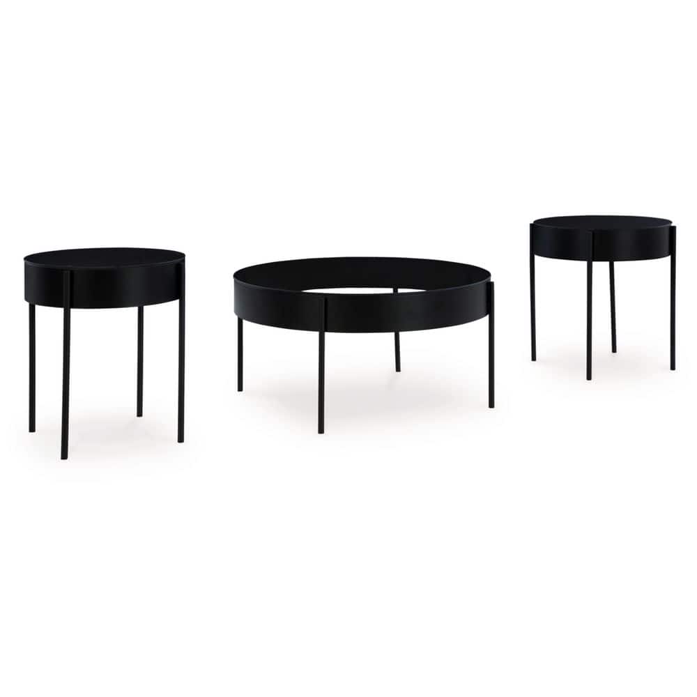 Black Metal and Glass Round Coffee Table Set