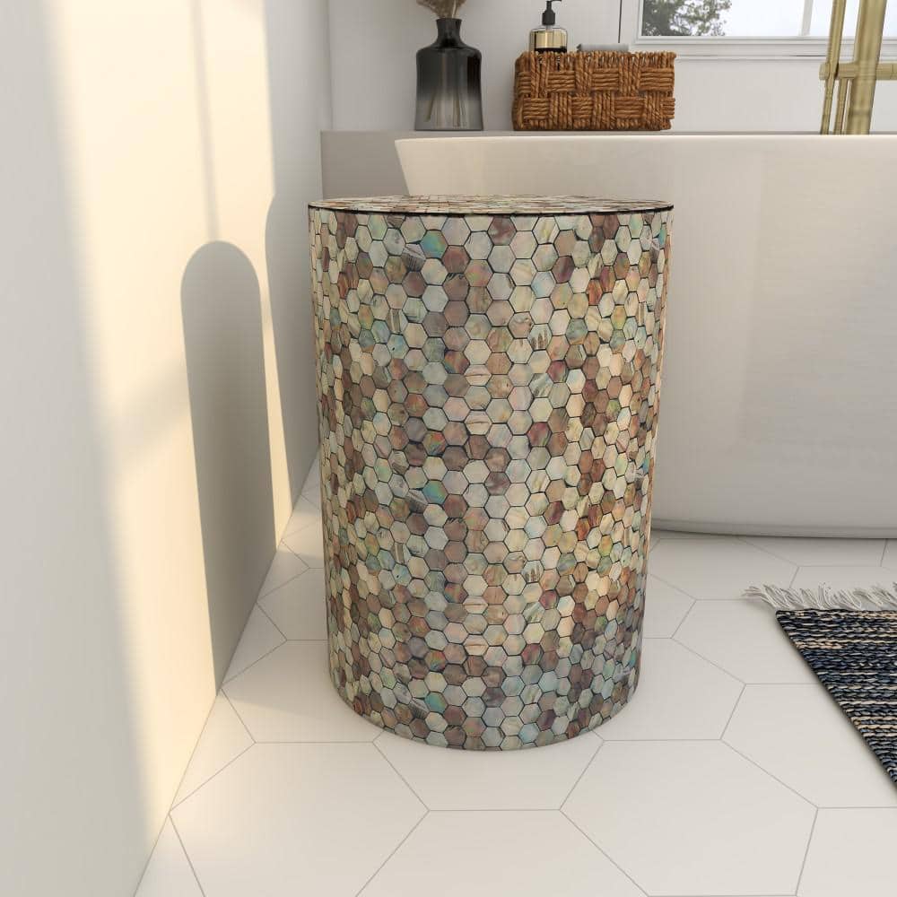 14 in. Light Blue Handmade Mosaic Large Cylinder Wood End Table - thumbnail 9