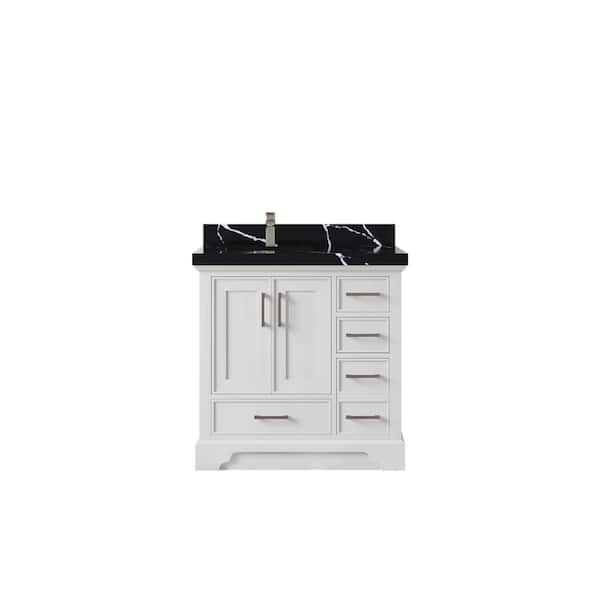 Willow Collections Charlotte 36 in. Left Offset Sink Freestanding White Bath Vanity with Calacatta Black Qt. Top Unassembled