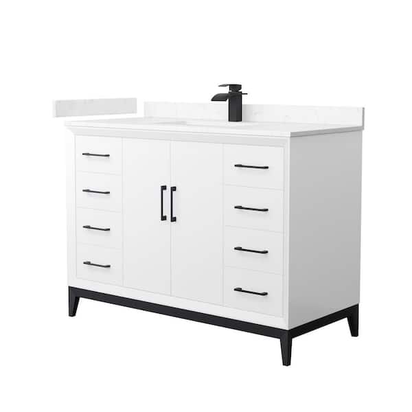 Wyndham Collection Amici 48 in. W x 22 in. D x 35.25 in. H Single Bath Vanity in White w/Matte Black Trim with Carrara Cultured Marble Top