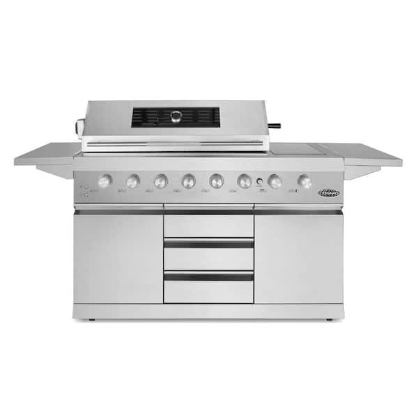58 in. Newport Collection 8 Burner Propane Gas Grill, Side Griddle, Infrared Rotisserie, Knob LEDs, Stainless Steel